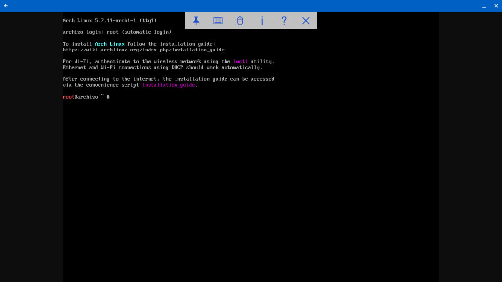 Screen shot of VNC client showing ArchLinux installer shell