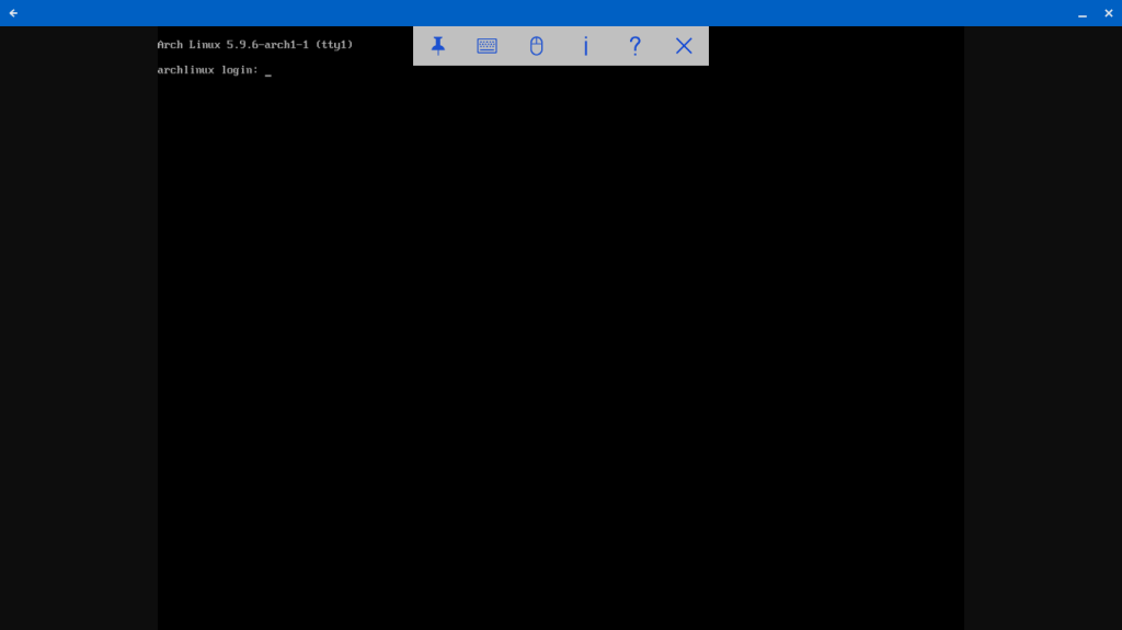 Screen shot of VNC client showing rebooted ArchLinux VM console