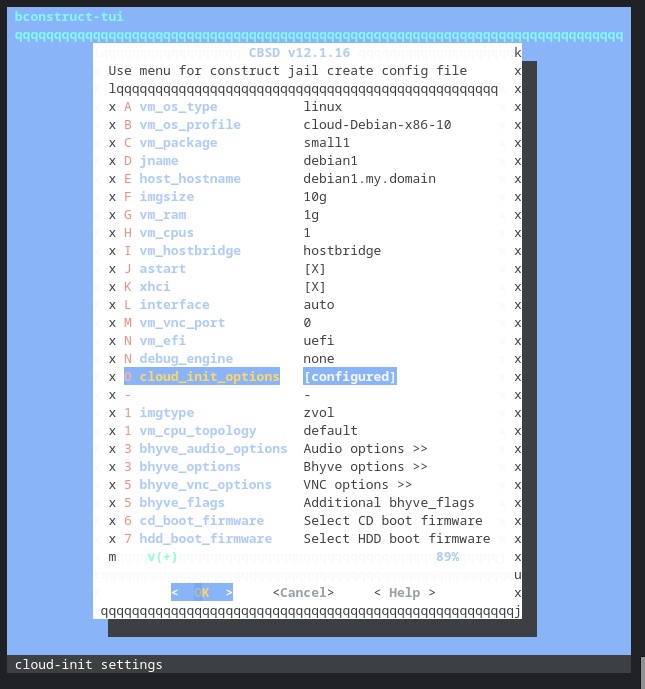 Main cbsd bhyve menu with everything filled out