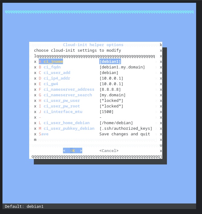 Screenshot of the cloud-init options menu in cbsd