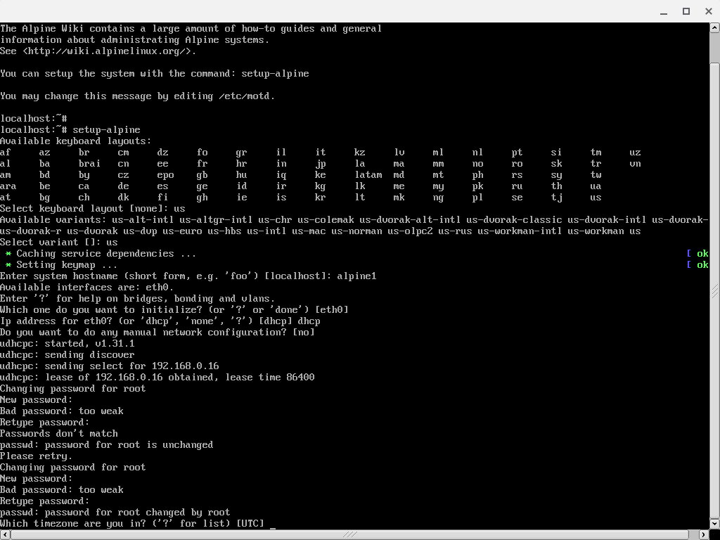 Screenshot of the alpine console showing the system installer