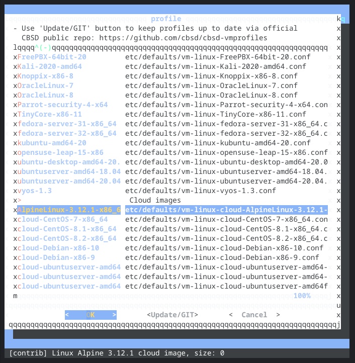 Screenshot of CBSD Linux profile selections