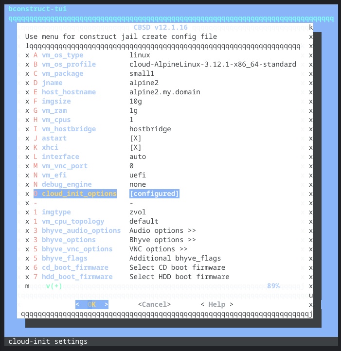 Screenshot of CBSD interface configuring our cloud Alpine VM