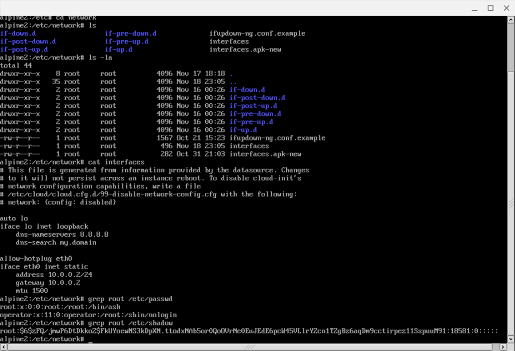 Screenshot of console for alpine2 VM after running cloud-init manually