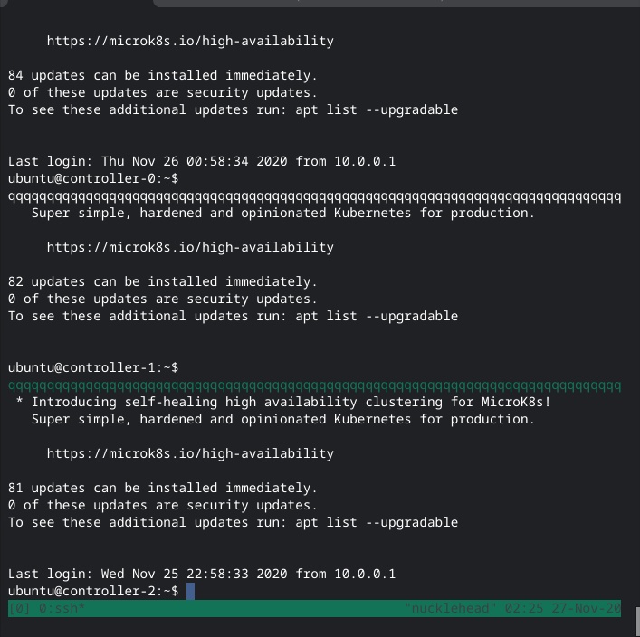 Screen shot of my terminal with three tmux panes divided by lines of q