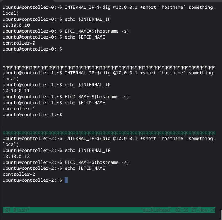 Screenshot of terminal with three tmux panes setting the IP and name variables on each controller VM