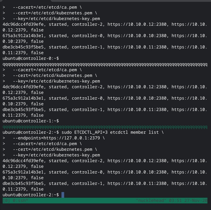 Screenshot of 3 panes in tmux showing each controller has etcd running