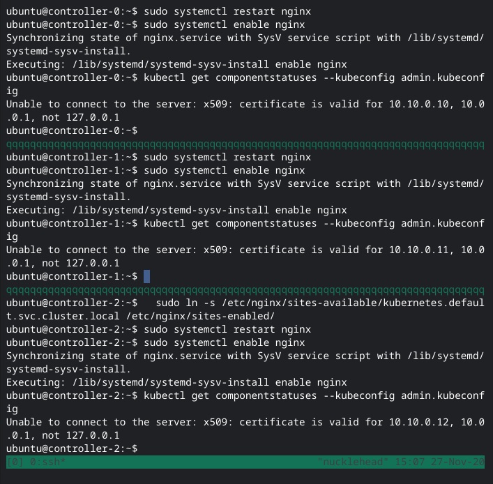 Screen shot of shell with three tmux panes showing all three controllers are using an invalid certificate due to missing IP address