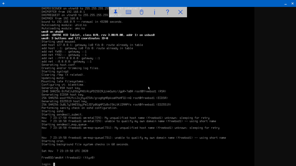 Screenshot of VNC app showing FreeBSD VM console after successful boot