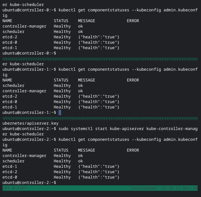 Screen shot of shell with tmux panes showing the kubectl command now works on all the controllers.