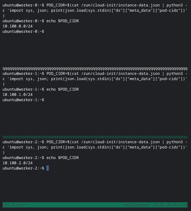 Screen shot of tmux showing the pod cidr value of worker nodes