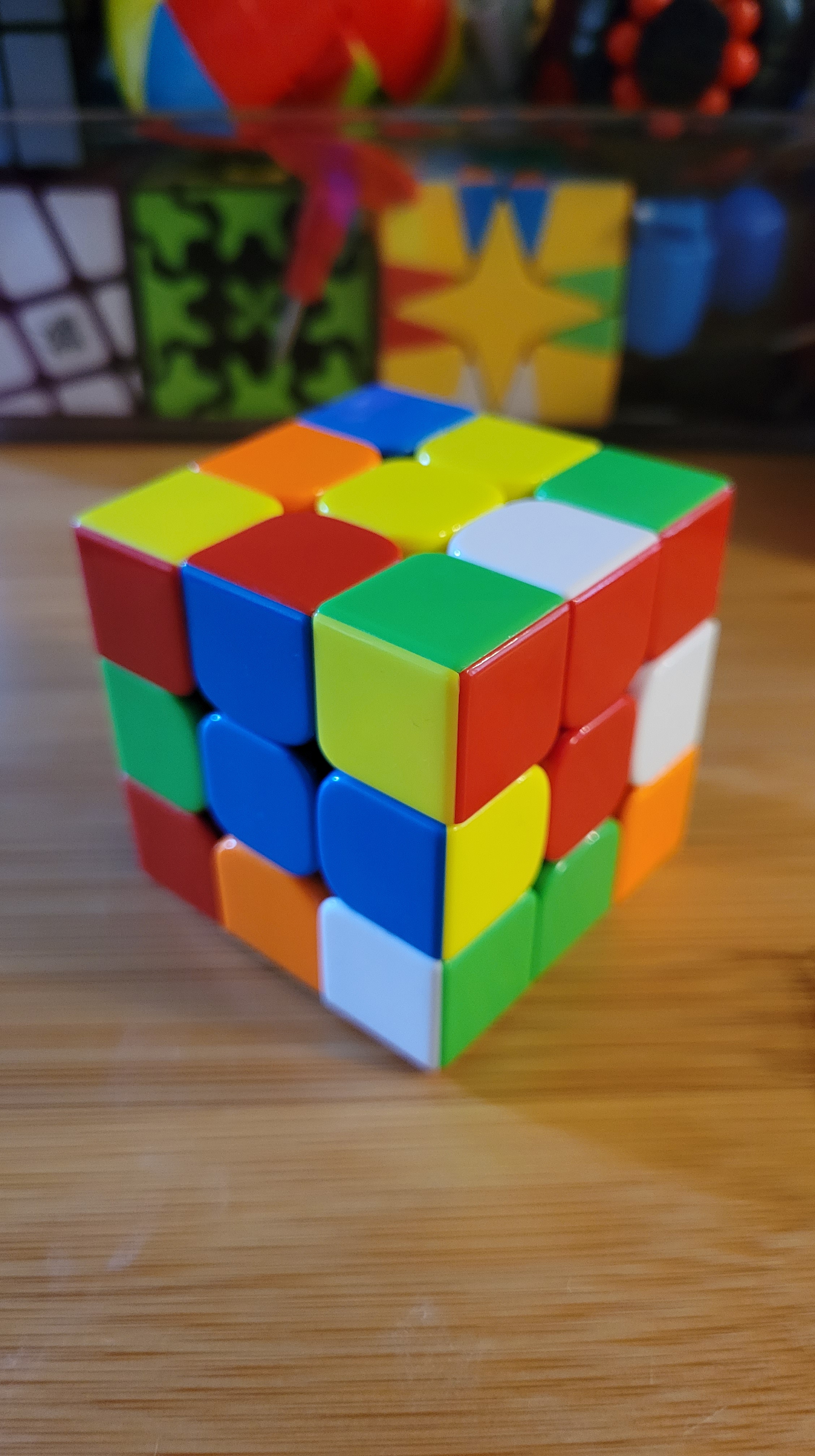 Photo of a scrambled speed cube