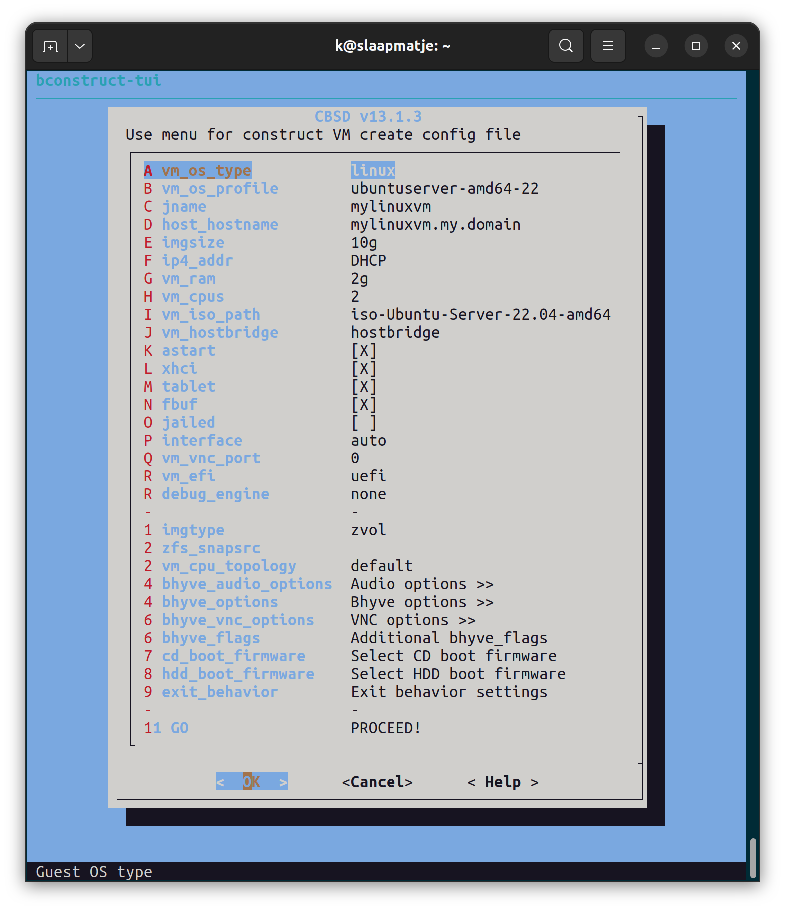 Screenshot of a menu to cover a VM in CBSD. The available options include OS type, hostname, and network options